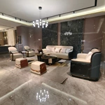 Modern Luxury Sofa Set with High-Gloss Natural Burl Wood Veneer, Gold Stainless Steel Trim & Dual-Tone Upholstery